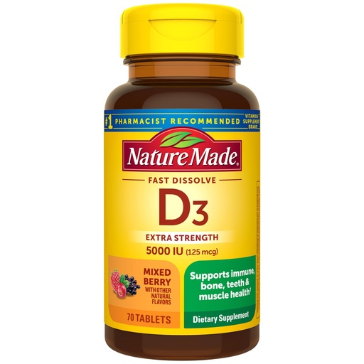[BRSRMCT6BFYR6CA7] Nature Made Vitamin D3 5000 IU (125 mcg) Extra Strength, Vitamin D Supplement for Immune Support, 70 Sugar Free Fast Dissolve Tablets, 70 Day Supply