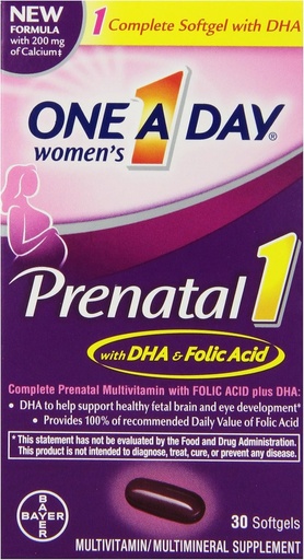 [BRSWKEAGA4NR4EL6] One A Day Women's Prenatal 1 Multivitamin, Supplement for Before, During, and Post Pregnancy, including Vitamins A, C, D, E, B6, B12, and Omega-3 DHA, 30 Count