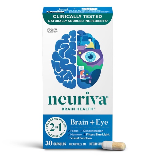 [BRSW2YYCB4BAECLG] NEURIVA Brain + Eye Supplement for Memory, Focus & Concentration with Lutein & Vitamins A C E and Zinc for Eye Health & Zeaxanthin to Filter Blue Light, 30ct Capsules