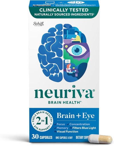[BRSW2YYCB4BAECLG] NEURIVA Cérebro + Suplemento ocular para memória, foco e concentração com Luteína e Vitaminas A C E e Zinco para saúde ocular & Zeaxanthin para filtrar luz azul, cápsulas 30ct