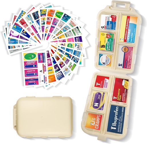 [BRSROC34B5YWM3DH] Pill Organizer with Medicine Labels 161 Labels Travel Daily Pill Container Mini Medication Organizer Storage Pill Organizer Travel Essentials Pill Case 7 Day (Beige, 1 Pack)