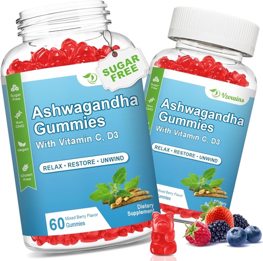 [BRSRAHDQBACQEGTV] 2 Pack Ashwagandha Gumies D-vitamin nők és férfiak, Sugar Free Vegan 1000MG Ashwagandha kiegészítés Gummy & C-vitamin, 120 gróf