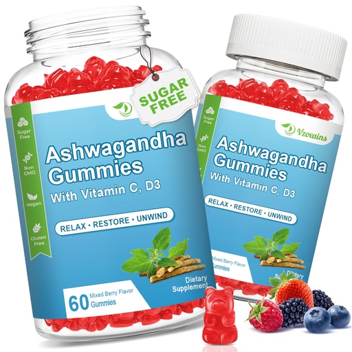 [BRSRAHDQBACQEGTV] 2 Pack Ashwagandha Gummies with Vitamin D for Women & Men, Sugar Free Vegan 1000MG Ashwagandha Supplement Gummy & Vitamin C, 120 Count
