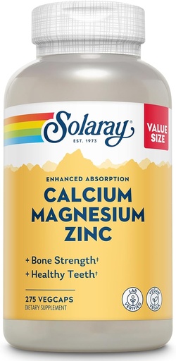 [BRSWGBT2CMHB6CD5] SOLARAY Calcium Magnesium Zinc Supplement - with Calcium 1000mg, Magnesium 500mg - Bone Health, Muscle Function, Heart Health and Immune Support - Vegan, 60 Day Guarantee, 68 Servings, 275 VegCaps