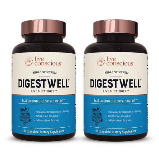 [BRSROFIOOAGRUG3V] Live Conscious DigestWell Immediate Support - Fast-Acting Digestive Support | Broad Spectrum Enzyme, Probiotic & Herbal Formula - Decreases Everyday Gas & Bloating - 90 Capsules (2-Pack)