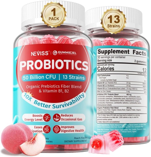 [BRSRAAIPDIHROYD5] NEVISS Probiotic + Prebiotic Gummies for Adults & Kids 4+, Sugar Free Chewable 50 Billion CFUs w/Fiber, Vitamin B1 B2 D3 & Zinc, for Digestive & Gut Health, Boost Microflora Diversity, 60 Cts