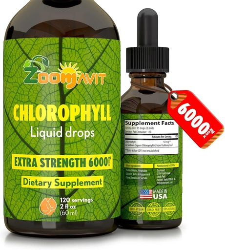 [BRSW22T2C4MR4EYV] Chlorophyll Liquid Drops 100% Organic Vegan - Energy and Immune System Booster Supplement with Mint Flavor for Water - Natural Internal Deodorant - Extra Strength 6000mg 120 Servings