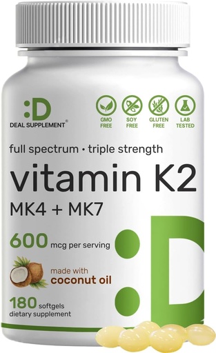 [BRSROFD2BV7AIF3U] DEAL SUPPLEMENT ビタミン K2 サプリメント 600mcg, 180 ココナッツオイル Softgels | フルスペクトラム 高吸収 MK-7 & MK-4 フォーム | 骨, 関節, 免疫サポート – 非GMO