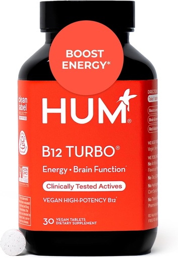 [BRSWYH3RO4DR4G3H] HUM B12 Turbo, Suplemento de vitamina B12, Apoyo diario de energía, Calcio para la salud ósea, B-12 Suplementos de energía de vitaminas, Gluten Free, Vegan, No GMO, 30 tabletas de alta potencia vegano