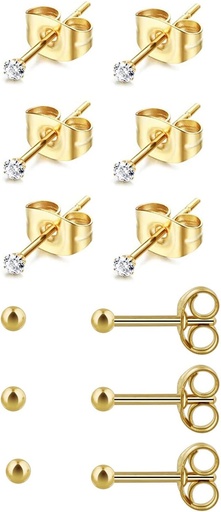 [BRSRMZD4AABGK332] 6Pairs 2mm/3mm Surgical Steel Hypoallergenic Piercing Studs, 20G 14K Real Gold Filled Tiny Stud Earrings Set for Multiple Hole Piercing (Cubic Zirconia, Pearl, Ball)