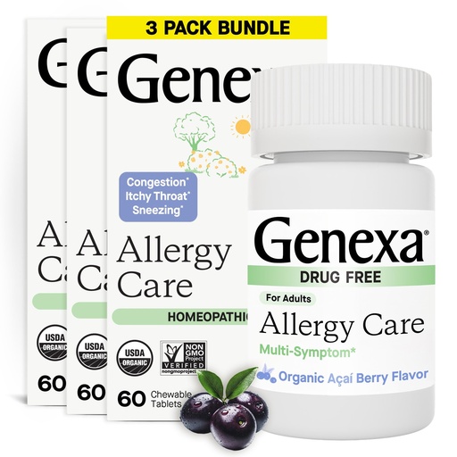 [BRSWGBLYCMOWYD3Z] Genexa Allergy Care | Drug Free, Non-Drowsy Allergy & Decongestant Relief for Adults | Vegan & Non-GMO | Homeopathic Allergy Relief Made Clean | Organic Acai Berry Flavor | 180 Chewable Tablets