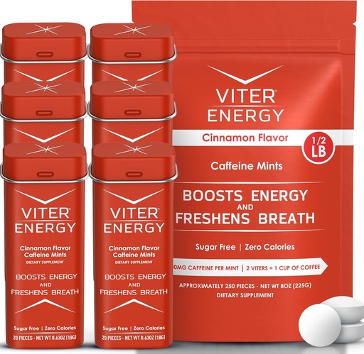 [BRSW2CAEC4ORUG3D] Viter Energy Original Caffeine Mints Cinnamon Flavor 6 Pack and 1/2 Pound Bulk Bag Bundle - 40mg Caffeine, B Vitamins, Sugar Free, Vegan, Powerful Energy Booster for Focus and Alertness