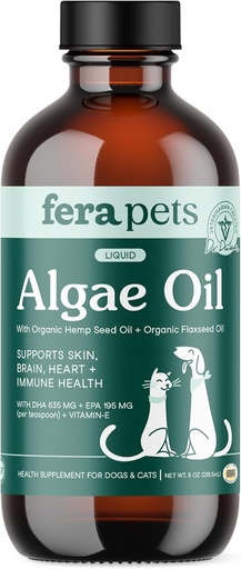 [BRSRM23QAQGQAGTJ] Fera Pets Algae Oil - Cats & Dogs Omega 3 Oil - Vegan - Immune, Heart, Brain, Skin and Coat Support - Includes Vitamin E, Organic Hemp Seed & Flaxseed Oil - 100% Plant Based Omega-3s - 8 oz