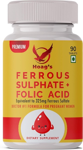 [BRSWYAQ5OAJROFI7] Hoag's Iron 65mg Ferrous Sulfate with Calcium & folic Acid Supplement Support red Blood Cell Production - 90 Veg Tablets