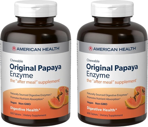 [BRSWKGIFOIHWA2Y3] Amerikāņu veselības Original Papaya Enzyme - 600 košļājamās tabletes, iepakojumā 2 - pēc ēdienreizes papildinājums - ne-GMO, Vegan - 400 Kopējais apkalpo