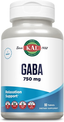 [BRSWIYT3PMDR4DLC] KAL GABA Supplement, Ontspanningsondersteuning, GABA Supplementen voor Stress Relief Support, Vegan, Non-GMO, Glutenvrij, Lab geverifieerd, 60 dagen geld-terug garantie, 90 porties, 90 tabletten