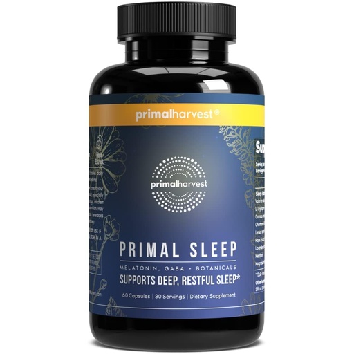 [BRSRMZYQBANGO236] Primal Harvest Primal Sleep Support Supplement for Adults with Melatonin, GABA, Valerian Root, L-Tryptophan, Magnesium Bisglycinate Chelate, and Chamomile for Deep Restful Sleep