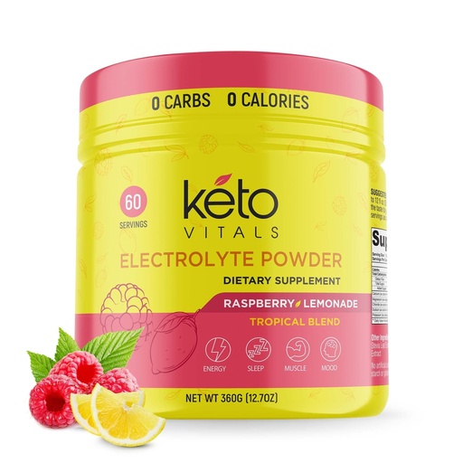 [BRSWYCADCRYWMHT6] Keto Vitals Electrolytes Powder - Sugar Free Keto Electrolytes Powder with Potassium, Magnesium, Sodium, & Calcium - No Sugar Electrolyte Drink Mix & Hydration Powder, 60 Servings, Raspberry Lemonade