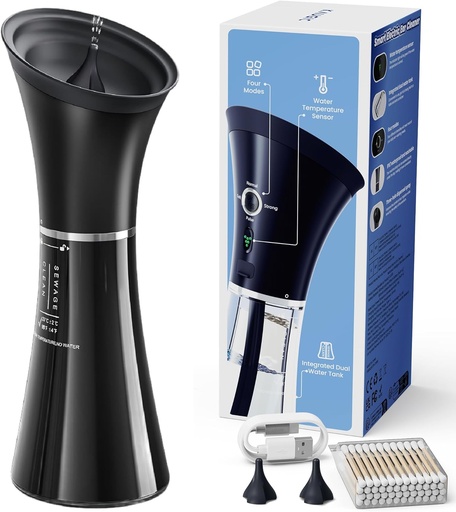 [BRSROCYLCMDRSFLA] Модернизированное удаление ушного воска с помощью одноразового бака для отходов, безопасного очистителя с датчиком температуры воды, эффективного набора для ирригации уха и USB-A до кабеля C, IPX7, черного