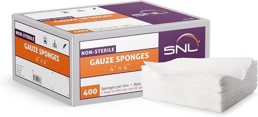 [BRSWGYIRPMIQK3A2] All-Purpose Gauze - 4" X 4" - Box of 400 - by SNL Quality, Non-Sterile, Latex Free, Gauze Sponge Pads, 8 Ply - (2x 200 Packs Inside), Ideal for First Aid, Beauty Applicator, Abrunding Dressing Bandage