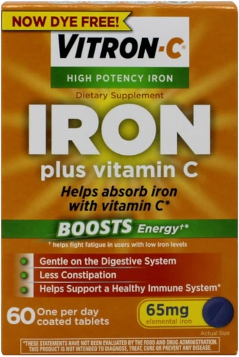 [BRSWI2QKDIARACQV] Vitron-C High Potency Iron Dietary Supplement – Iron Plus Vitamin C, Boosts Energy, Gentle on The Digestive System, 60 Coated Tablets, 65 mg Elemental Iron