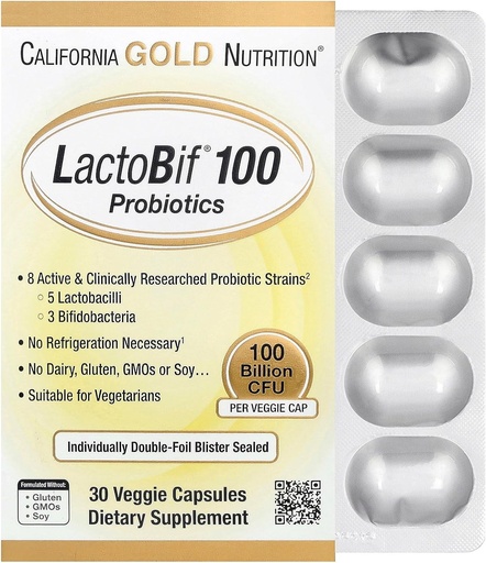 [BRSWGZ32DF5ROA3P] California Gold Nutrition LactoBif Probiotics, 100 Blion CFU, 8 Ενεργό & κλινικά ερευνημένο Probiotic Strains, Ζάχαρη-ελεύθερο, χορτοφάγοι, ατομικά διπλής φλύκταινας σφραγισμένα, 30 κάψουλες λαχανικά