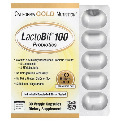 [BRSWGZ32DF5ROA3P] California Gold Nutrition LactoBif Probiotics, 100 Bllion CFU, 8 Active & Clinically Researched Probiotic Strains, Sugar-Free, Vegetarian, Individually Double-foil Blister Sealed, 30 Veggie Capsules