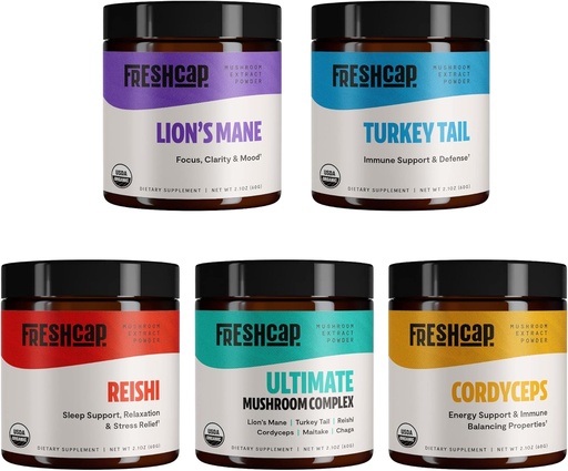 [BRSRMFADDF4BUHY6] FreshCap Mushroys Ultimate Mushroom Starter Kit (Cordyceps, Lion 's Mane, Turkey Tail, Reishi and The Ultimate Mushoom Complex) 60 Paslaugos