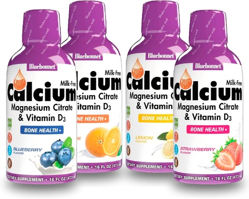 [BRSW2EIFB4BWACL5] Bluebonnet Nutrition Liquid Calcium Citrate Magnesium Citrate, Vitamin D3, Bone Health - Bundle of Orange, Blueberry, Lemon and Strawberry Flavor, 4 Bottle of 16 Fl Oz Each (64 Fl Oz Total)