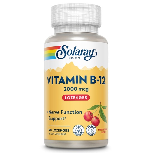 [BRSWIZYKAR4QKH34] SOLARAY Vitamin B12 2000 mcg Lozenges - No Sugar, Natural Cherry Flavor Vitamin B 12 Supplement for Nerve Function, Energy and Red Blood Cell Support - Lab Verified, Vegan - 90 Servings, 90 Lozenges