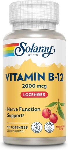 [BRSWIZYKAR4QKH34] SOLARAY Vitamin B12 2000 mcg Lozenges - No Sugar, Natural Cherry Flavor Vitamin B 12 Supplement for Nerve Function, Energy and Red Blood Cell Support - Lab Verified, Vegan - 90 Servings, 90 Lozenges
