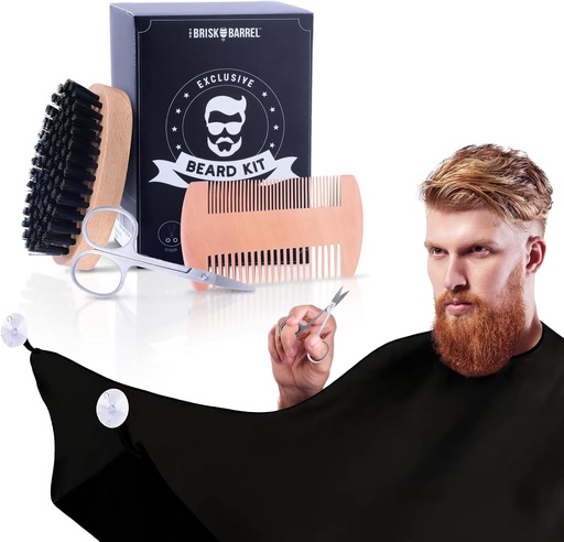 [BRSROAYCOQCA4YDG] Beard Grooming Kit for Men 4 in 1. Beard Brush and Comb Set with Messy Free Bib Apron, Mustache Scissors. Natural Brush and Dual Action Comb. Men's Grooming. Gift for Husband,