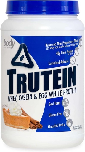[BRSWIEIIDMEG2GY5] Body Nutrition Trutein High Protein Powder: 45% Whey, 45% Casein, 10% Egg White, Gluten-Free, Low Sodium, Grass Fed Whey Protein Powder, Gym Supplement & Breakfast Shake, Pumpkin Pie, 2lb