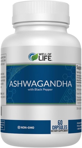 [BRSRAZA6A4OQO3IZ] Well of Life: Ashwagandha 650mg + Black Extract 60 Veg Capsules: Enhanced Sleep & Well-Being. Adrenal Health Support. Non-GMO, GMP Certified. Made in USA.