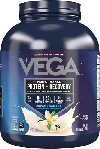 [BRSWKHQQBV7GY3LY] Vega Sport Proteína en po + Recuperación - Proteína baseada en plantas 30g por porción, Vanilla, 45 porcións, 5g BCAAs, Probióticos, NSF Certified, Para Shakes & Smoothies, 4.1lbs (Packaging May Vary)