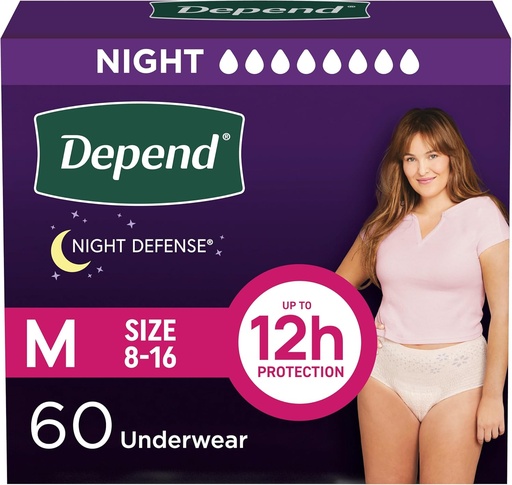 [BRSRMHQOPN6RE334] Dependido Night Defense Adult Diapers, Incontinence " Postpartum Bladder Leak Underwear for Women, Disposable, Overnight, Medium, Blush, 60 Count (4 Packaging May Vary