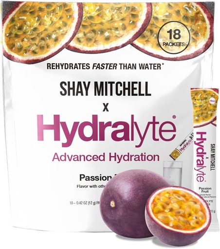 [BRSROFQYCUPBQA3A] Hydralyte Shay Mitchell Electrolyte Powder Packets, Low Sugar Rapid Rehydration, Hydration Powder for Heat, Travel, Exercise and Bachelorette Parties (Passion Fruit)