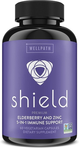 [BRSWYZA3O4ORGFI7] WellPath Shield Elderberry kapsule - 5-v-1 Imunska podpora Booster z cinkom, vitaminom C, Echinacea, Bee Propolis - Premium Cinkov dodatek - 600 mg Sambucus Črne tablete Besterberry za odrasle - 60 Ct