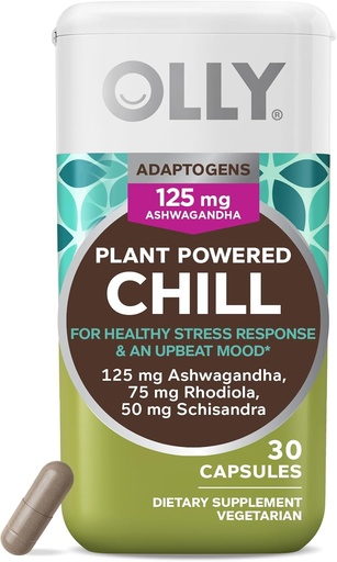 [BRSROFAHDEHQEF3X] OLLY Chill Adaptogen, Ashwagandha, Mood Support Supplement with Rhodiola Root, Vegetarian Capsules - 30ct