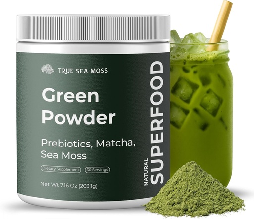 [BRSROHALPIOQOFY4] Super Greens Powder con Matcha for Digestive & Gut Health – 25 Ecológicos Superalimentos con Probióticos, Prebióticos, Enzymes & Sea Moss – Vegan Superfood Powder for Bloating & Regularity - 30 Servimientos