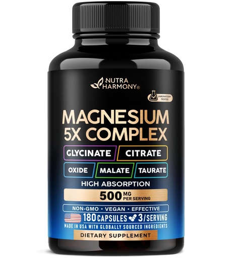 [BRSRMCAYABYQOGTX] Magnesium Supplement - 5 in 1 Complex | Glycinate | Citrate | Malate | Taurate | Oxide - Made in USA - Stress, Muscle & Heart Support - Vegan, Natural, Non-GMO - 180 Capsules, 2 Month Supply