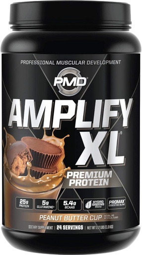 [BRSWYZQ6AQFGACLL] PMD Sportas Amplify XL Premium išrūgų baltymų papildas Hydro Žalieji Blend - Glutaminas ir išrūgų baltymų matrica su supermaisto raumenų, stiprumo ir atkūrimo - žemės riešutų sviesto taurė (24 Paslaugos)