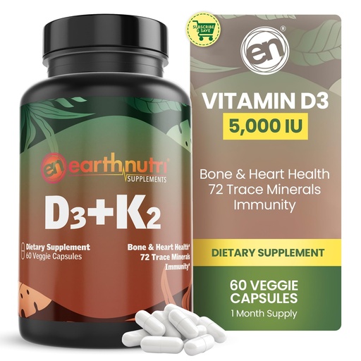 [BRSWG2Y7O4IBQHIZ] EarthNutri - Vitamin D3 Plus K2 Vitamin Supplement 5000 IU – Includes K2 from MENA Q7, D3 from Vitashine, Calcium from Aquamin & 72 Trace Minerals – for Immune, Bone & Heart Health - Non-GMO
