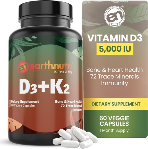 [BRSWG2Y7O4IBQHIZ] EarthNutri Vitamina D3 K2 Suplemento 5000 UI – Incluye K2 de MENA Q7, D3 de Vitashine, Calcio de Aquamin & 72 Trace Minerals – para Immune, Bone & Heart Health – Non-GMO – 60 Veg Capsules