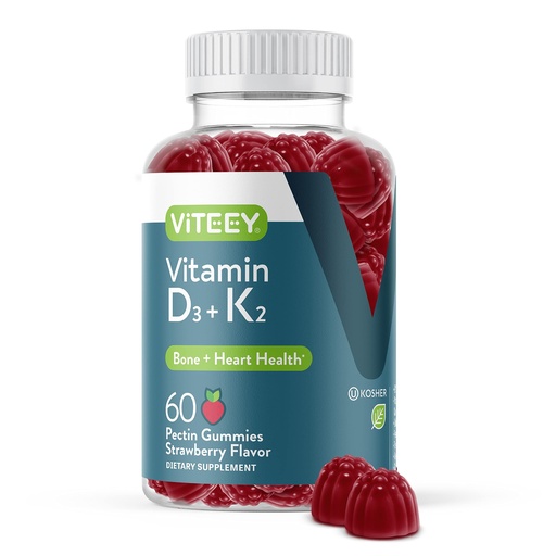 [BRSRMAADCAGWCGQZ] VITEEY Vitamin D3 K2 Gummies - 1000 IU Vitamin D3 and K2 100mcg - Bone & Heart Health for Adults and Teens - Vegetarian, Gelatin Free, GMO Free - Tasty Chewable D3K2 Vitamins Strawberry Flavored Gummy