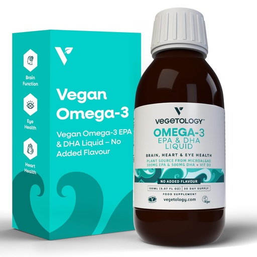 [BRSROFL3PMMQ2A3B] VEGETOLOGY Vegan Omega 3 Liquid, from Microalgae, 800mg of EPA DHA, with Vitamin D3, Supports Heart, Brain and Eye Health, Natural Fish Oil Alternative, UK Made, Unflavoured