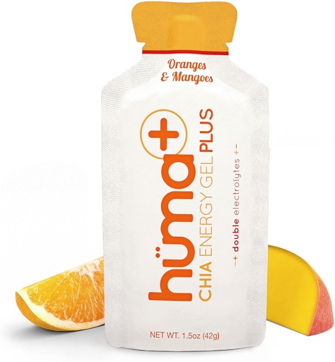 [BRSRAYAFDIMGKHYU] Huma Plus (Double Electrolytes) - Chia Energy Gel, Orange Mango, 24 Gels - Stomach Friendly, Real Food Energy Gels