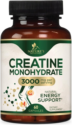[BRSRAFALOEIGEAI7] Creatine Monohydrate 3000mg Per Serving – Micronized Creatine Powder Capsules - Supports Lean Muscle, Strength, Energy, & Endurance - Nature's Supplement, Non-GMO, Bottled in USA - 60 Capsules