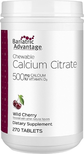 [BRSWGADROUNWC3Y2] Bariatric Advantage Citrate Chewable 500mg Bariatric D3 üçün Vitamin D3 ilə Vitamin D3 ilə Gastric Bypass və kol Gastrektomi, Aşağı Sugar - Wild Cherry Flavor, 270 Count