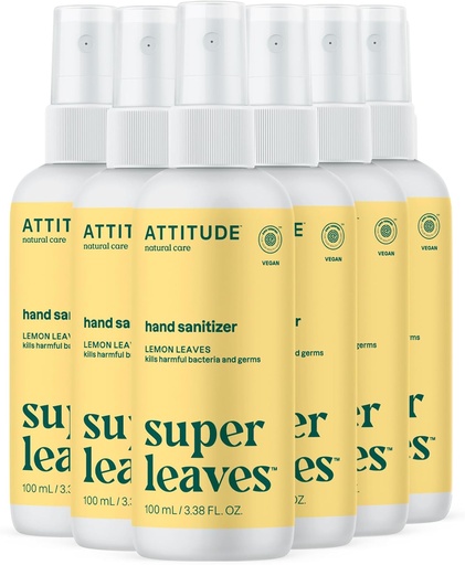 [BRSW2YL4BENGOAD6] ATTITUDE Hand Sanitizer Spray for Adults and Kids, EWG Verified, Kills Bacteria and Germs, Vegan, Lemon Leaves, 3.38 Fl Oz (Spray Bottle) (Pack of 6)